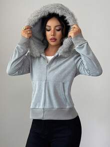 Elenzga 女士秋冬迷彩拼布针织连帽拉链运动衫，带口袋，灰色，适合万圣节、圣诞节、沙特国庆节、新年派对、毕业典礼、角色扮演 - 淺灰色 - 查看 2