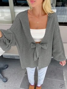 EURMUSE Women Oversize Shaped Tie-Up Detailed Cardigan - Grey - View 4