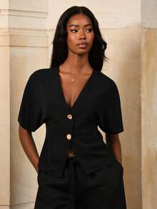 Mima John Elegante cardigan con maniche a campana e doppio petto, camicia casual semplice di colore bianco solido - nero - Visualizzare 1