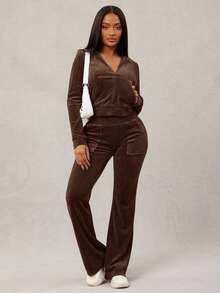 Radiana Women's Sexy Casual Gray-Blue Velvet Tracksuit, Zip-Up Hoodie + Wide Leg Pants 2-Piece Set, Comfortable & Soft For Casual, Sports, Home, Or Outings Brown 2 Piece Set Long Sleeve Two Piece Set Two Piece Set 2 Piece Lounge Sets Woman Comfortable Two Piece Set - Brown - View 5