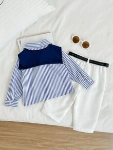 SHEIN 男婴 4 件套蓝白条纹长袖衬衫、皇家蓝披肩、白色裤子和提花腰带，适合秋冬季，适合生日派对、洗礼、一周年纪念、晚会、演出、婚礼等场合