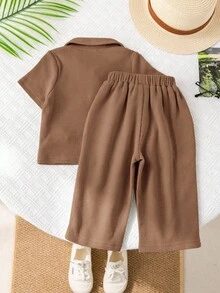 SHEIN 2pcs/Set Baby Boy/Girl Casual Turndown Collar Short Sleeve Half-Zip Pullover Top And Long Pants, All Season - Brown - View 9