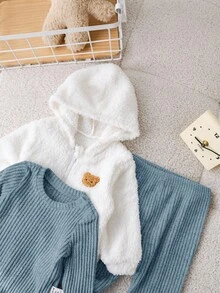 SHEIN 3件組新生兒男嬰/女嬰秋冬款可愛米色卡通圖案連帽外套、藍色連身衣、長褲套裝，適合秋冬外出穿著 - 藍色 - 查看 4