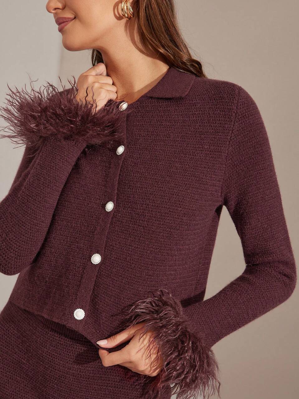 Enchnt Dark Purple,Autumn,Elegant,Tea Party Women's Fashion Red Button-Up Cardigan & Skirt Sweater Set, Christmas Outfit,New Year Birthday Clothes