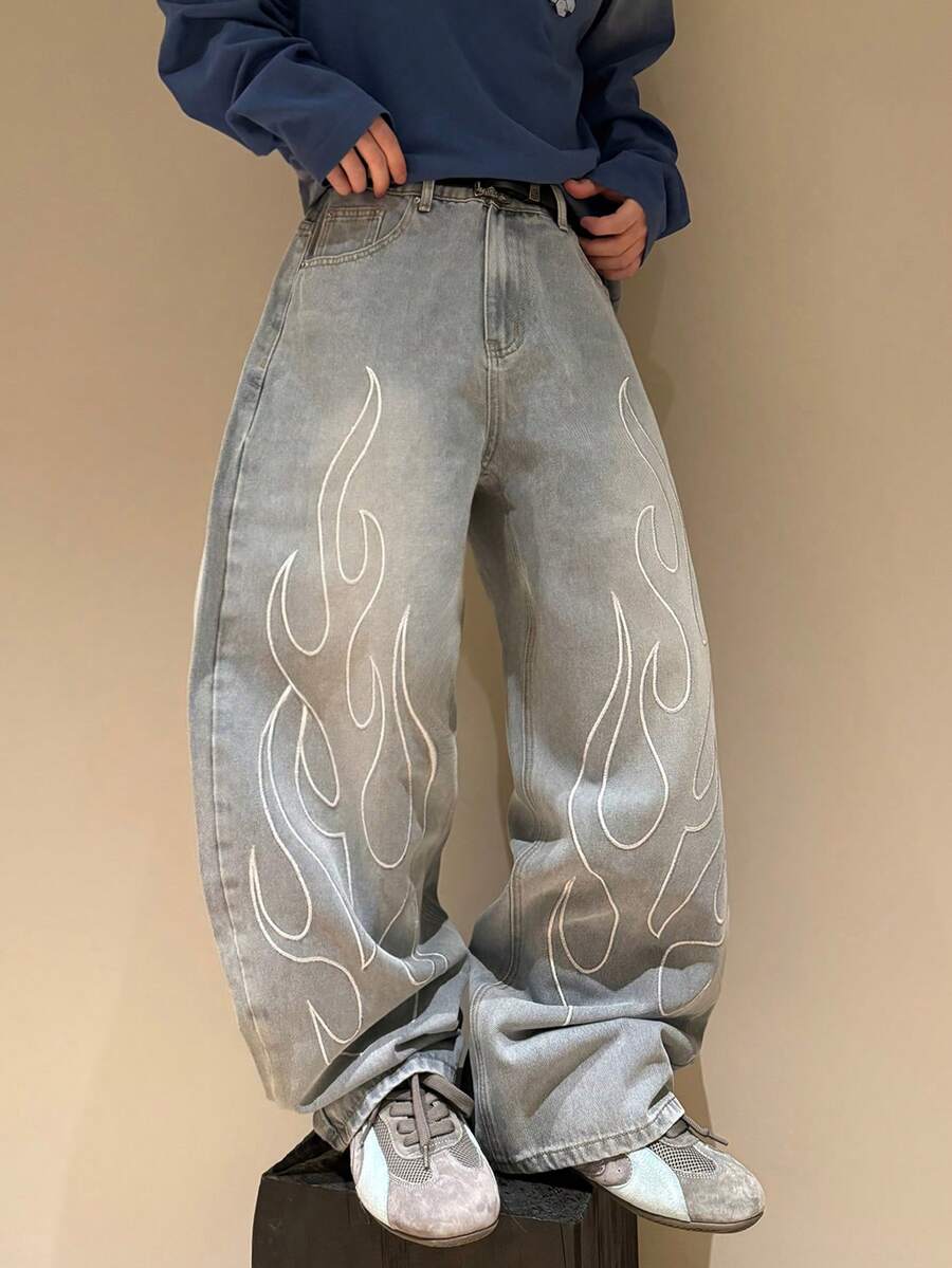 STEELVANCE 男士休闲破洞牛仔裤，带刺绣图案，百搭街头风 - 藍色 - 查看 1