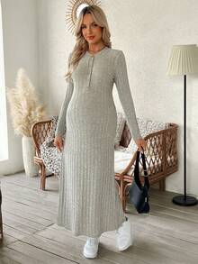 SHEIN Solid Button Front Ribbed Fitted Maternity & Nursing Long Cardigan, Autumn/Winter