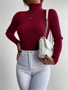 RueChic Solid Turtleneck Ribbed Knit Sweater - Màu Đỏ Sâu - Xem 3