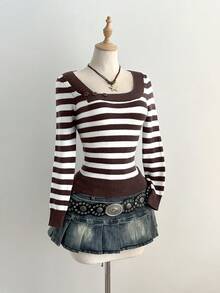 Elamini Women's Casual Versatile Striped Pattern Crew Neck Fitted Sweater, Autumn/Winter - Multicolor - View 1