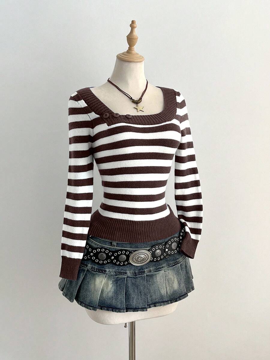 Elamini Women's Casual Versatile Striped Pattern Crew Neck Fitted Sweater, Autumn/Winter - Multicolor - View 1