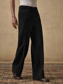 AKNOTIC 男士梭织休闲宽松直筒纯色裤 - 黑色 - 查看 4