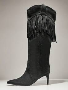 SHUZIA Women's Glamorous Pointy Toe Kitten Heel Fringe Knee High Boots - Black - View 5
