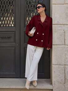SHEIN Cottnline Women's Casual Everyday Commute Simple Solid Color Lapel Collar Drop Shoulder Loose Double-Breasted Cardigan, Autumn/Winter - Burgundy - View 7