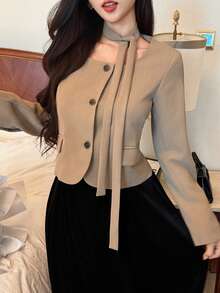 DAZY Chaqueta corta con decoración de botones y lazo para mujer - Caqui - Ver 3