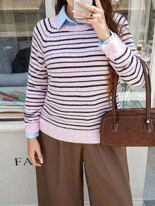 SHEIN LUNE 大码女式条纹圆领插肩袖长袖休闲套头毛衣，适合秋冬季节穿着，也适合万圣节、圣诞节等场合，可作万圣节服装、日常休闲穿着、商务休闲女装或教师款。 - 彩色 - 查看 7