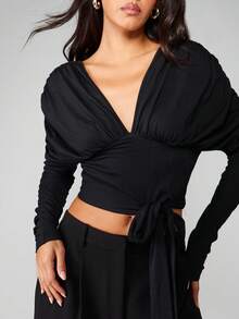 MISSGUIDED 秋冬时尚长袖 V 领裹身上衣，带系带细节 - 黑色 - 查看 4