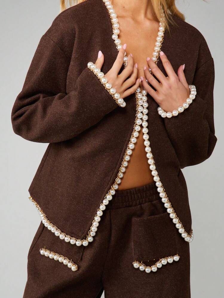 MISSGUIDED Ensemble coordonné de blazer avec garniture de perles et pantalon large pour l'automne et l'hiver au bureau