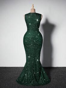 Viva Relle Plus Size Women Sleeveless Draped Neck Glitter Dress, Elegant For Holiday Party Clothes, Green For Christmas Maxi Sequin Women Outfi - Green - View 3