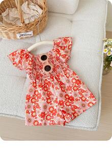 SHEIN Newborn Baby Girls' Cute Summer Floral Print Short Sleeve Romper