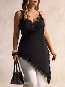 Elegantrix Plus Size Women Urban Casual Lace Asymmetric Hem V-Neck Patchwork Solid Color Camisole