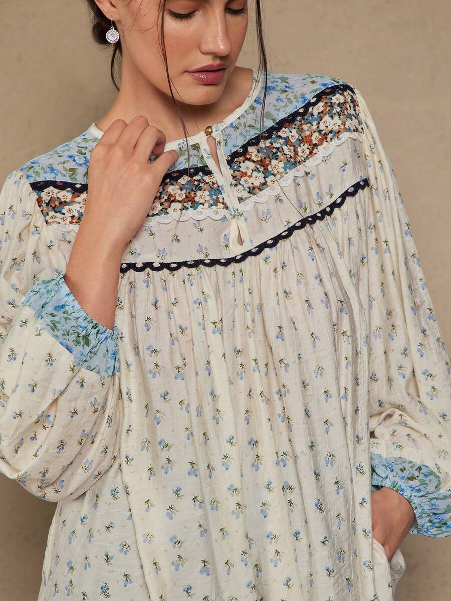 Freevana 大码女式波西米亚复古花卉拼布长袖休闲衬衫 - 杏色 - 查看 1