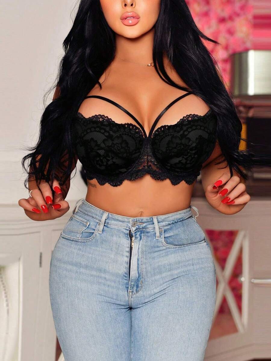 Seduluxe 1pc Plus Size Women Lace Hollow Out Sexy Underwire Bra - Multicolor - View 1