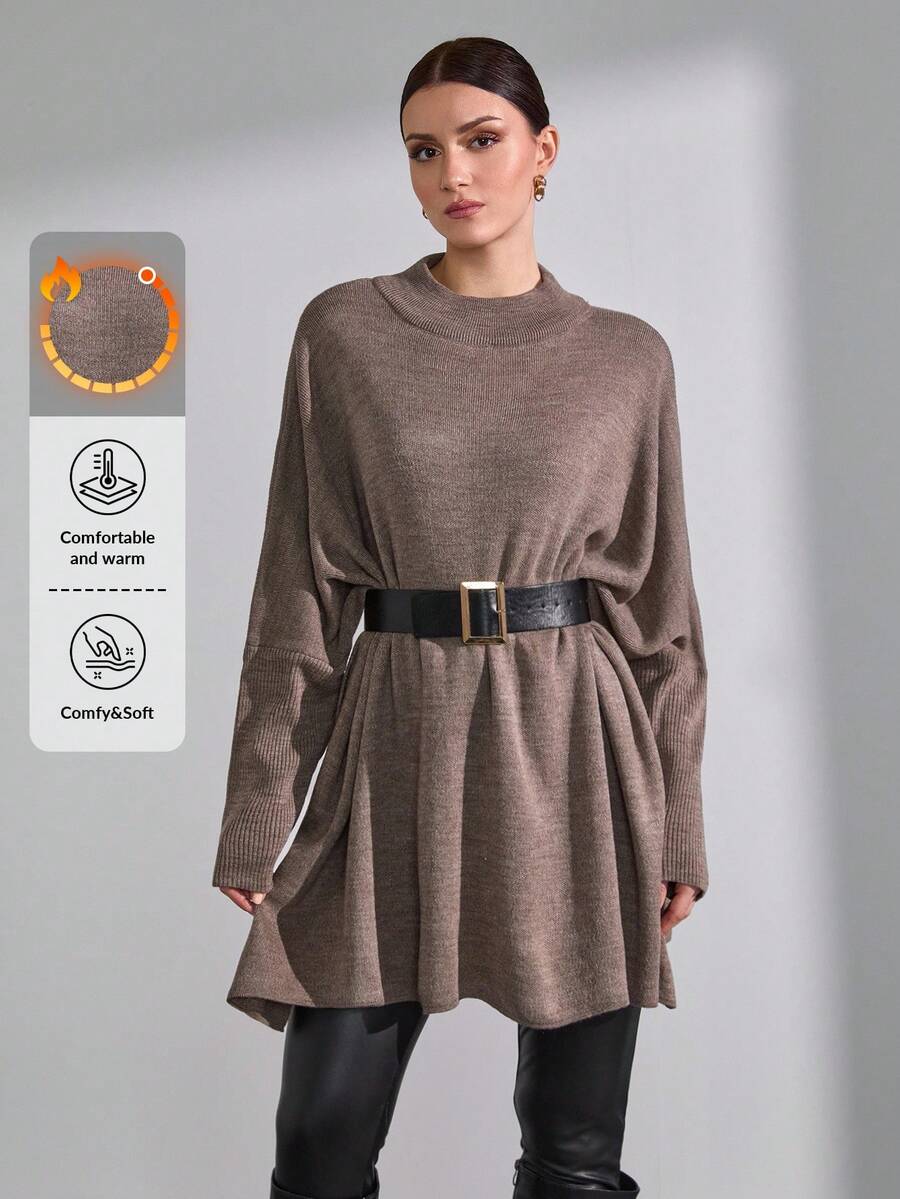 CLARA VERO 女士纯色立领半袖超大套头衫 - 摩卡棕 - 查看 1