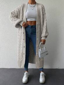 EURMUSE 女式休闲纯色落肩长袖单排扣开衫，秋冬季 - 米色 - 查看 3