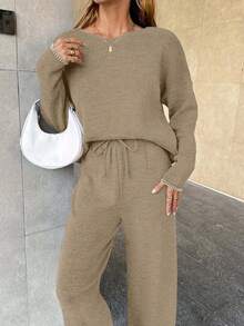 EURMUSE Women's Knitwear Co-Ords With Stitch Detail,Loungewear Set,Petite,Winter Clothes - Camel - View 2