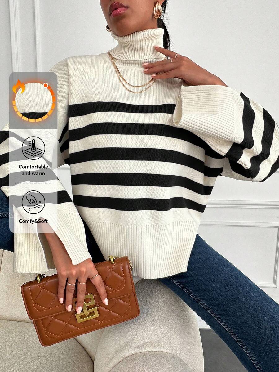 SHEIN Cottnline Striped Pattern Turtleneck Drop Shoulder Split Cuff Sweater - Multicolor - View 1