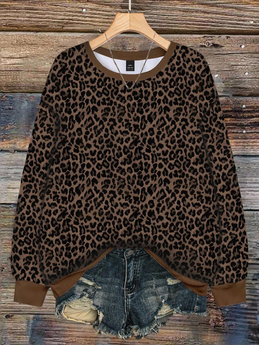 SHEIN CURVE+ 大码女式休闲全身豹纹卫衣 - 彩色 - 查看 1