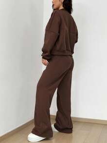 SHEIN Unity 2 Stücke Lässig Jacke und Hose Set in Unifarbe, Herbst/Winter - Schokoladenbraun - Übersicht 2