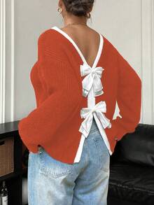 Elenzga Plus Size Women Casual Bowknot Crew Neck Long Sleeve Sweater, Autumn/Winter - Orange - View 2