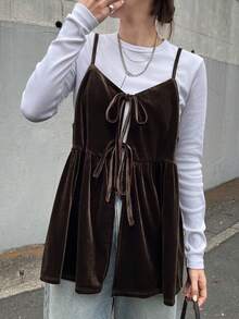FRIFUL 女士纯棕色丝绒吊带背心，抽绳设计，宽松休闲百搭，秋冬款 - 棕色 - 查看 6