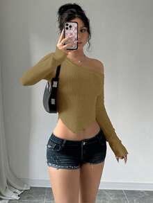 SHEIN Unity 女士休闲日常通勤简约纯色不对称领修身套头衫，秋季 - 綠色 - 查看 3