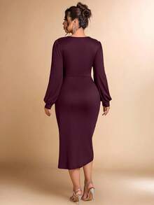 Cravure Plus Size Elegant Solid Color V-Neck Ruched Asymmetric Hem Dress, Autumn - Burgundy - View 2