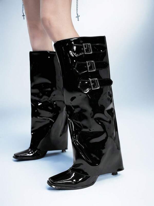 Sugerpunk Botines de tacón de aguja con múltiples hebillas decorativas y punta puntiaguda para mujer