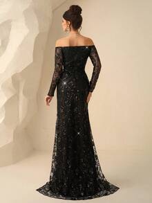Coutiva Váy dài tay trễ vai cổ chữ V đính sequin thanh lịch với chân váy đuôi cá, hoàn hảo cho đám cưới, thảm đỏ, đêm nhạc Opera và bữa tối sang trọng, váy dự tiệc, váy khách dự tiệc cưới, váy trang trọng, váy dạ hội - màu đen - Xem 3
