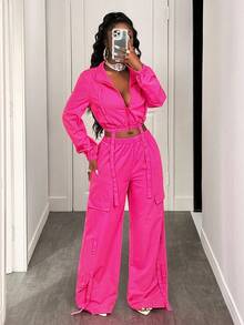 BamGleam 2pcs Fashionable Sexy Bright Color Long Sleeve Crinkle Jumpsuit For Women Fall Cloth For Women - Pink - View 5