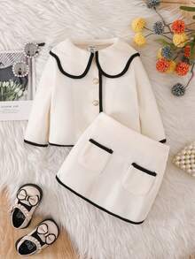 Souflis Souflis 2 件套幼儿女童时尚休闲百搭长袖夹克和裙子上衣，适合春季、秋季、冬季、居家、户外、返校、假日、日常穿着 - 杏色 - 查看 3