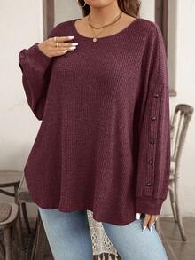 EMERY ROSE T-shirt à manches longues côtelé de couleur unie pour femmes grandes tailles - Rouge foncé - Voir 5