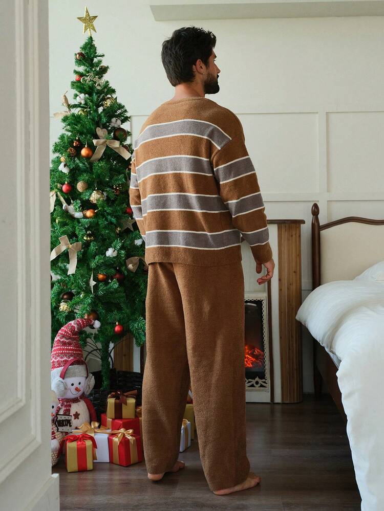 Men's Autumn Patchwork Color Block Design Top & Elastic Waist Knit Pants Loungewear Set,New Year,Christmas, Winter Clothes