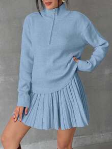 EURMUSE Women Solid Color Zipper Neck Drop Shoulder Pullover Sweater Skirt Set Brunch School Baby Blue Fall Casual Preppy - Baby Blue - View 5