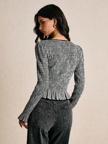 Poéselle 女士时尚通勤格子修身衬衫 - 黑色 - 查看 2