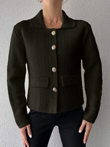 EURMUSE Women's Solid Color Front Button Closure Elegant Office Wear Long Sleeve Cardigan,Petite Cardigans,Cardigans - Army Green - View 6