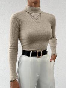 EURMUSE 女士休闲纯色高领毛衣，秋冬 - 駝色 - 查看 5