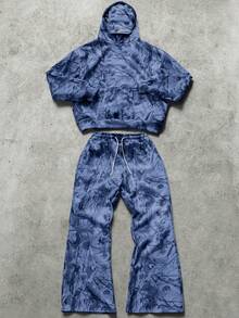 PAVTROS 男士保暖内衬街头时尚INS户外探险连帽衫和裤子套装，适合户外露营、日常穿着，可作为男友/老公礼物、周年纪念礼物，冬季套装 - 藍色 - 查看 1