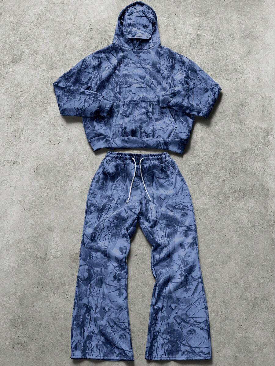 PAVTROS 男士保暖内衬街头时尚INS户外探险连帽衫和裤子套装，适合户外露营、日常穿着，可作为男友/老公礼物、周年纪念礼物，冬季套装 - 藍色 - 查看 1