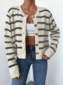 EURMUSE Women's Striped Drop Shoulder Cardigan With Open Front - Grey - View 5