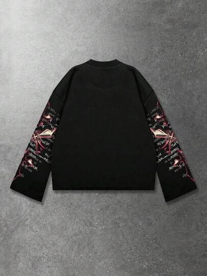 Street Life Men's Retro Gothic Graphic Print Loose Cropped Long Sleeve T-Shirt