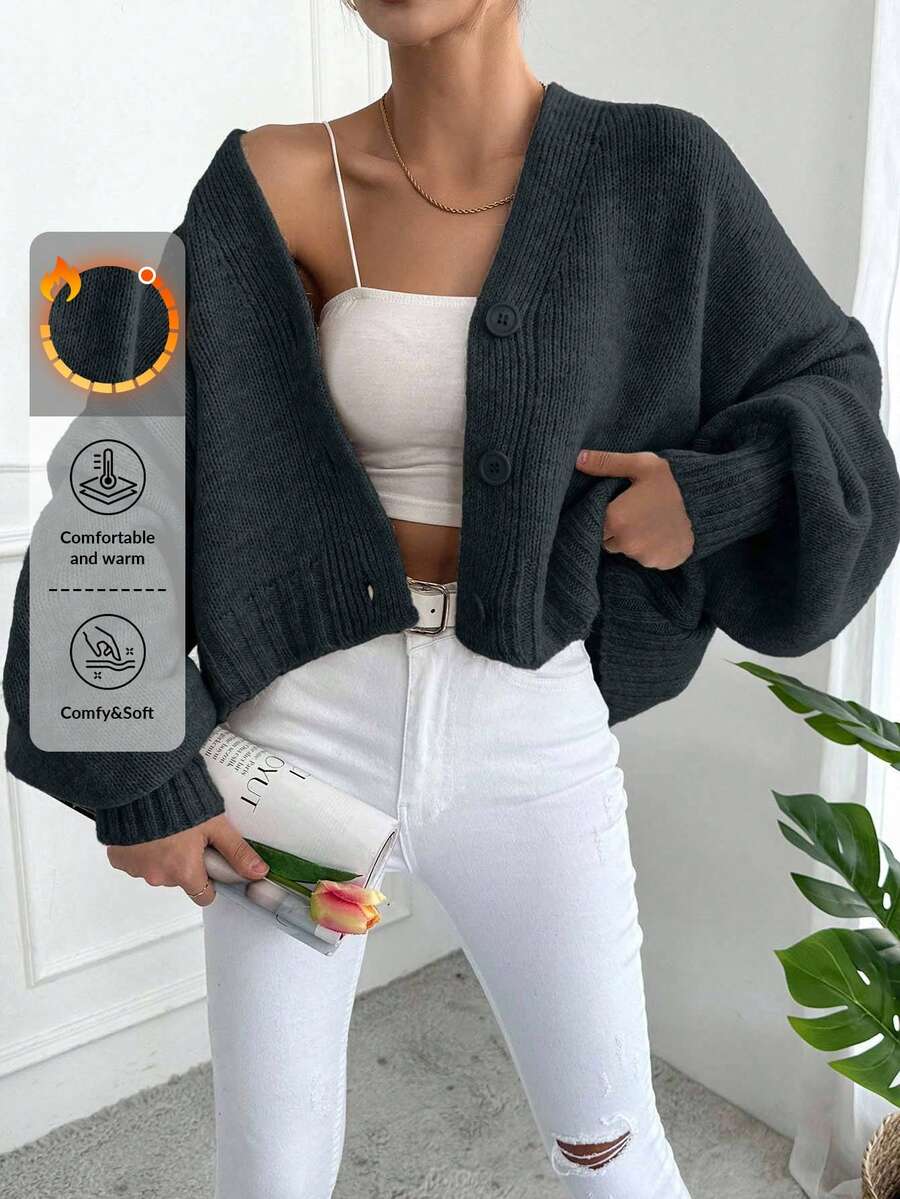 EURMUSE Áo khoác cardigan dáng rộng màu trơn đơn giản, thoải mái và đa năng cho nữ - Màu xám đen - Xem 1